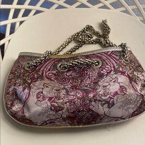 Silver-Trim Floral Pink Shoulder Bag with Chain Strap